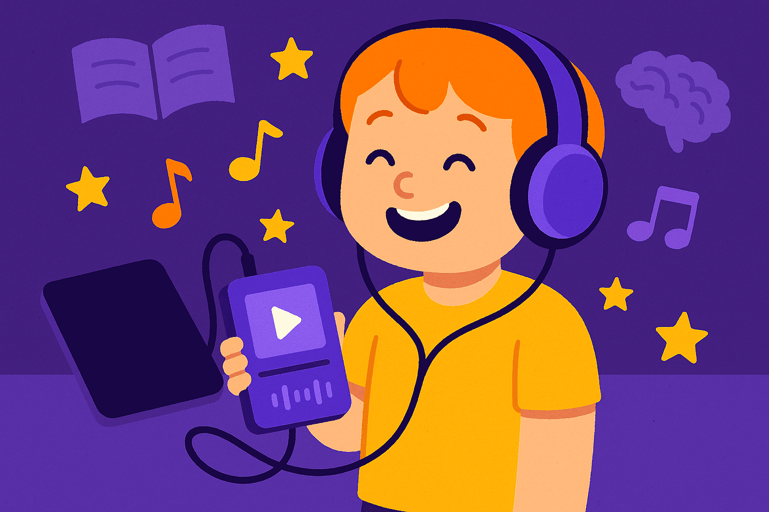 Child immersed in audio story while riding in a car