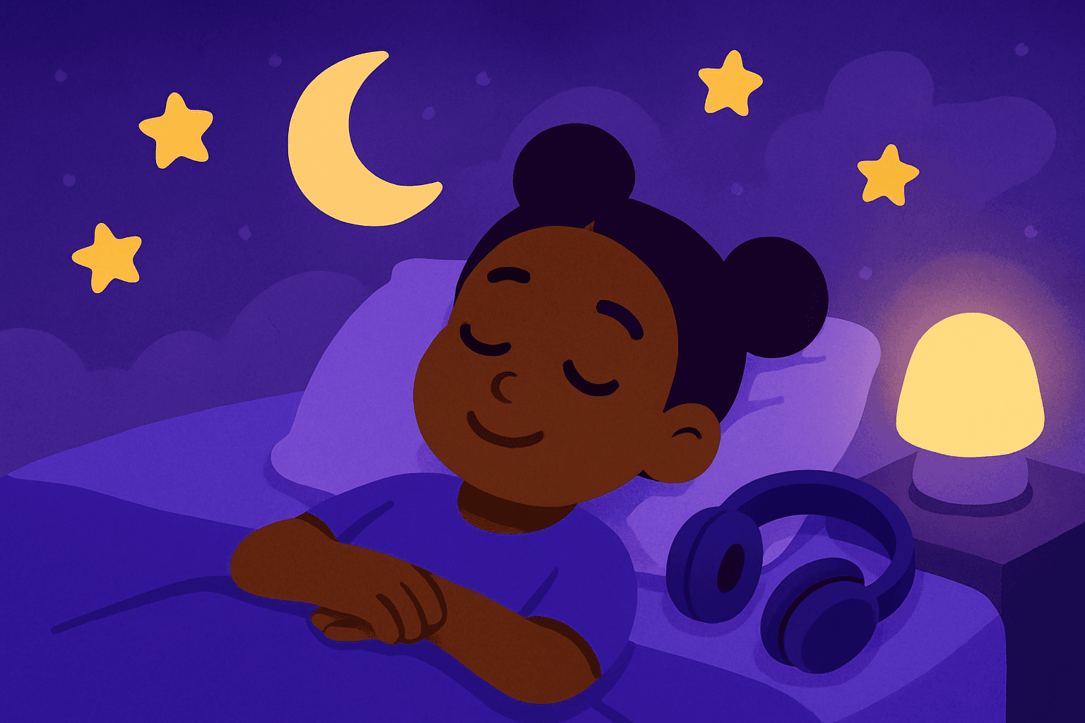 Child peacefully asleep wearing soft headphones under starry night