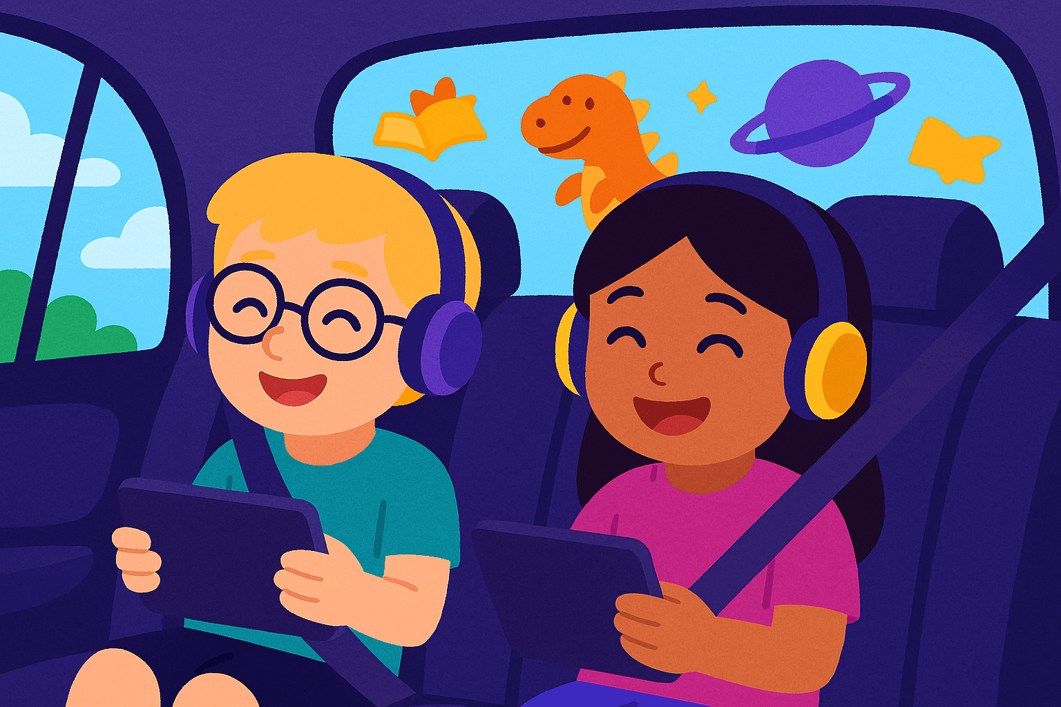 Kids learning through headphones during a car ride