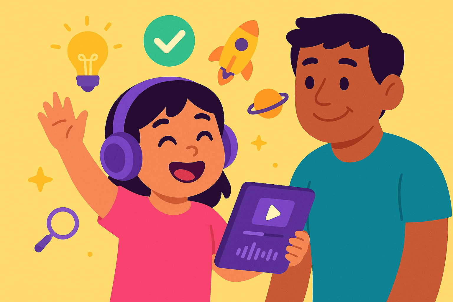 Curious child raising a hand while listening to a podcast